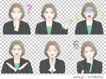 ダークグレースーツ姿のふっくらとした中高年女性のバストアップセットイラスト 127083815