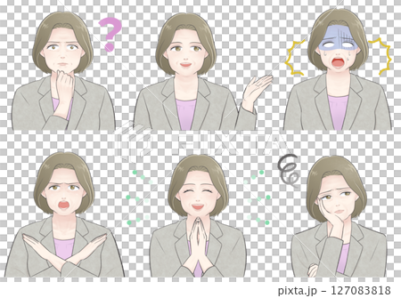 Bust-up set illustration of a plump middle-aged woman in a light gray suit Bust-up set illustration of a plump middle-aged woman in a light gray suit 127083818