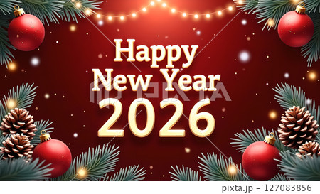 Festive Happy New Year 2026 Greeting Card with Holiday Decorations 127083856