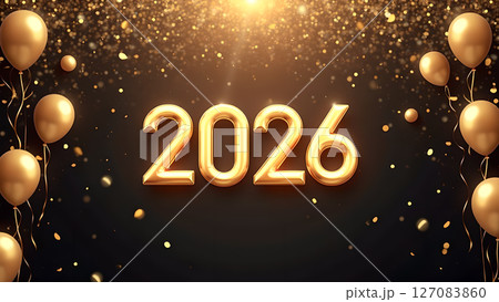 Elegant 2026 New Year Celebration Background with Golden Balloons and Confetti Elegant 2026 New Year Celebration Background with Golden Balloons and Confetti 127083860