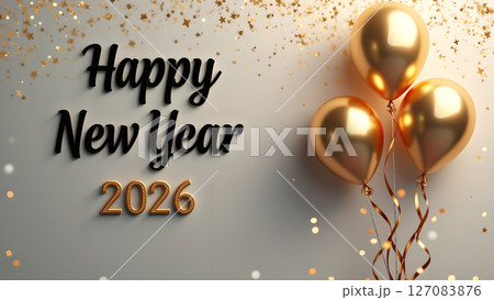 Elegant Happy New Year 2026 Celebration with Golden Balloons and Confetti Shower Elegant Happy New Year 2026 Celebration with Golden Balloons and Confetti Shower 127083876