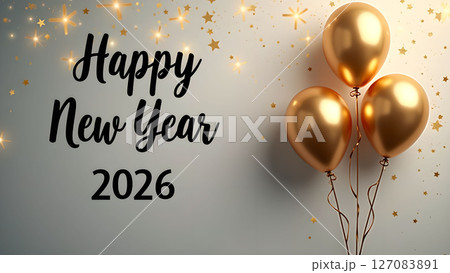 Elegant and festive happy new year 2026 celebration with golden balloons background 127083891