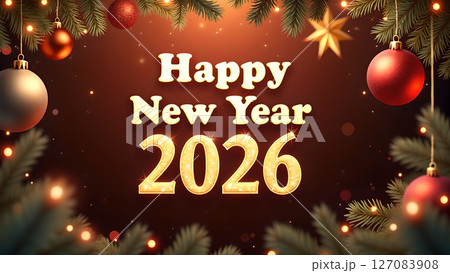 Festive Happy New Year 2026 background with ornaments and fir tree branches Festive Happy New Year 2026 background with ornaments and fir tree branches 127083908