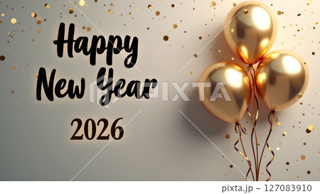 Festive Happy New Year 2026 Celebration with Golden Balloons and Confetti Sparkle 127083910