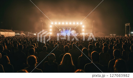 Wide angle landscape perspective of dense crowd facing distant stage with glowing lights creating atmospheric haze horizon 127083982
