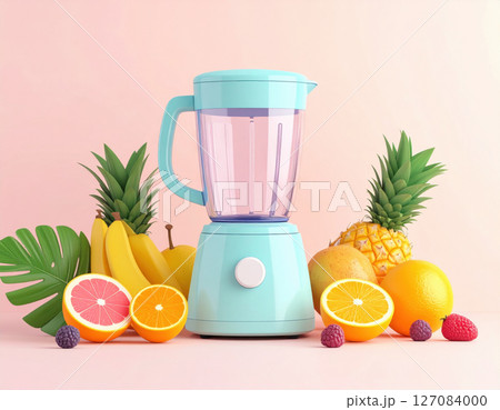 Pastel blue blender surrounded by fresh fruits like bananas, oranges, and pineapples on pink background 127084000