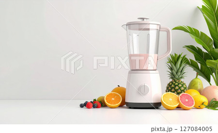 Pink blender with fresh fruits like oranges, pineapple, and berries on white countertop 127084005