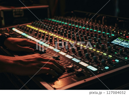 Detailed shot of audio engineer hands adjusting professional mixing board knobs faders and meters with colorful LED reflections 127084032