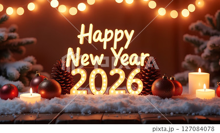 Festive Happy New Year 2026 celebration with decorations and warm lighting Festive Happy New Year 2026 celebration with decorations and warm lighting 127084078