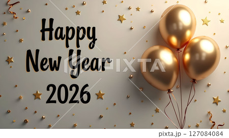 Elegant Happy New Year 2026 Celebration Design with Golden Balloons and Confetti Elegant Happy New Year 2026 Celebration Design with Golden Balloons and Confetti 127084084