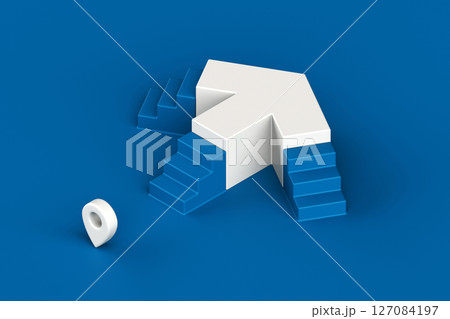 White arrow pointing upward with three blue staircases, symbolizing growth, success, and multiple strategic paths, 3d rendering in minimal style 127084197
