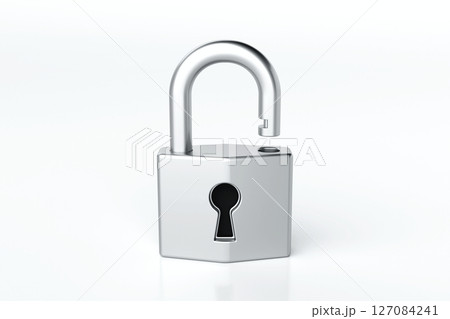 Open padlock with sleek, unlocked padlock security metallic silver design, access, data protection, and cybersecurity concepts, 3d rendering 127084241