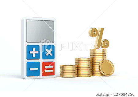 Calculating Growth, calculator and stacks of gold coins with percentage symbol, symbolizing financial growth, investment returns, and interest calculations, 3d rendering 127084250
