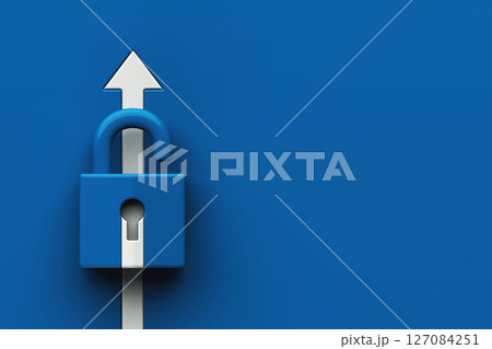 Minimal icon featuring open blue padlock with white upward arrow passing through it, symbolizing security, access, or unlocking new opportunities, digital access, data protection, 3d rendering 127084251