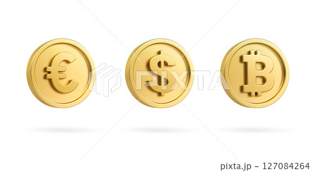 Gold coins featuring Euro, Dollar, and Bitcoin symbols, representing global currencies and cryptocurrency, isolated on white background, sleek financial concept, 3d rendering 127084264