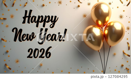 Elegant happy new year 2026 design with golden balloons and confetti background 127084295