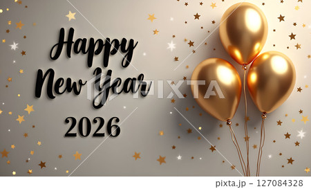 Elegant Happy New Year 2026 Celebration with Golden Balloons and Starry Background 127084328