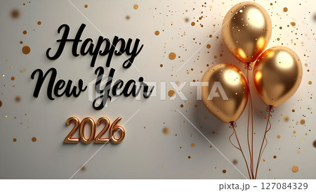 Festive Happy New Year 2026 Celebration with Golden Balloons and Confetti 127084329