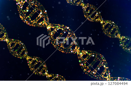 Set of digital dna helixs or genome structures with shining light 127084494