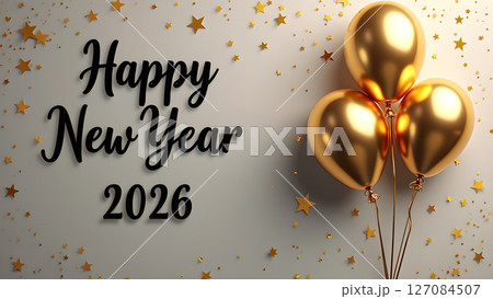 Festive Happy New Year 2026 Celebration with Golden Balloons and Starry Confetti 127084507