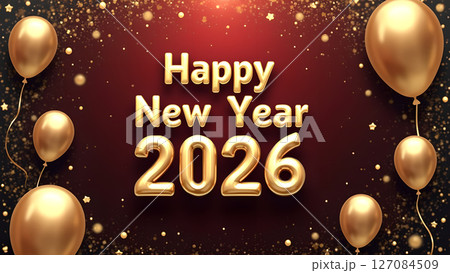 Festive and elegant Happy New Year 2026 celebration with golden balloons 127084509