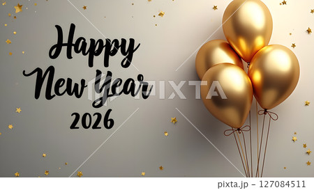 Elegant Happy New Year 2026 celebration with golden balloons and confetti decor 127084511
