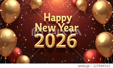 Elegant Happy New Year 2026 Celebration with Golden Balloons and Festive Atmosphere 127084522