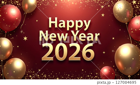 Festive Happy New Year 2026 Celebration with Golden and Red Balloons Decoration Festive Happy New Year 2026 Celebration with Golden and Red Balloons Decoration 127084695
