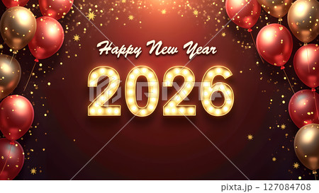 Festive Happy New Year 2026 Celebration with Balloons and Sparkling Lights 127084708