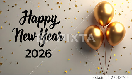 Elegant Happy New Year 2026 Celebration with Golden Balloons and Confetti Stars 127084709