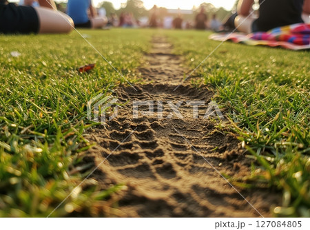 Extreme macro detail of trampled grass and dusty pathways showing environmental impact of large outdoor music gathering 127084805