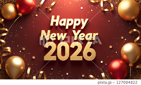 Festive Happy New Year 2026 Celebration with Golden Balloons and Confetti Festive Happy New Year 2026 Celebration with Golden Balloons and Confetti 127084822