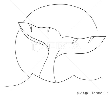 Continuous black line drawing of whale tail minimalist ocean animal symbol on white background 127084907