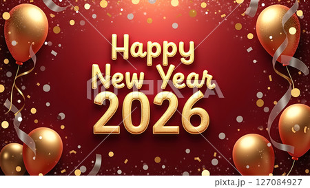 Elegant Happy New Year 2026 Celebration with Golden Balloons and Confetti 127084927
