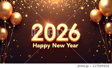 Elegant happy new year 2026 celebration with golden balloons and sparkling lights 127084928