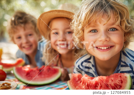 National Watermelon Month. Children enjoying watermelon slices at a picnic table with vibrant colors and joyful expressions celebrating summer fun 127084955