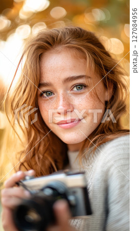Young woman with freckles is holding a camera, smiling warmly, surrounded by soft autumn colors, capturing the essence of photography and creativity 127084956