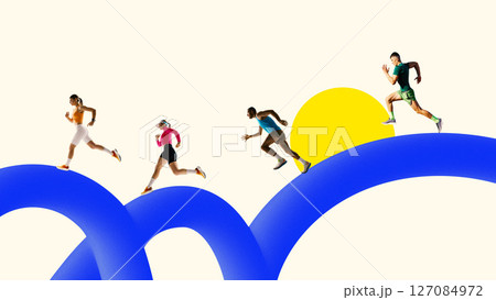 Contemporary art collage. Runners sprinting in unison on blue 3D arc tracks with yellow sun against light background. Contemporary art collage. Runners sprinting in unison on blue 3D arc tracks with yellow sun against light background. 127084972