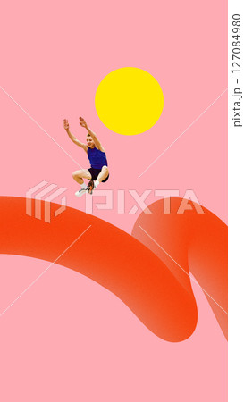 Creative art design. Female athlete jumping high above 3D orange twisted track against pink background with yellow circle. 127084980