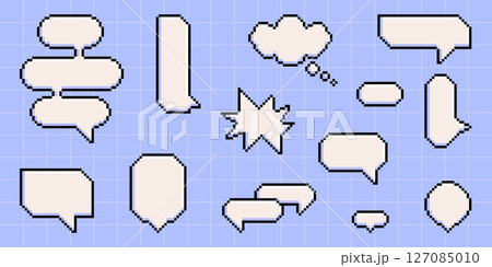 Pixel art speech bubble collection on blue grid Pixel art speech bubble collection on blue grid 127085010