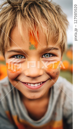 Young boy with painted face is smiling joyfully in a pumpkin patch, surrounded by vibrant orange pumpkins and a cheerful autumn atmosphere Young boy with painted face is smiling joyfully in a pumpkin patch, surrounded by vibrant orange pumpkins and a cheerful autumn atmosphere 127085020