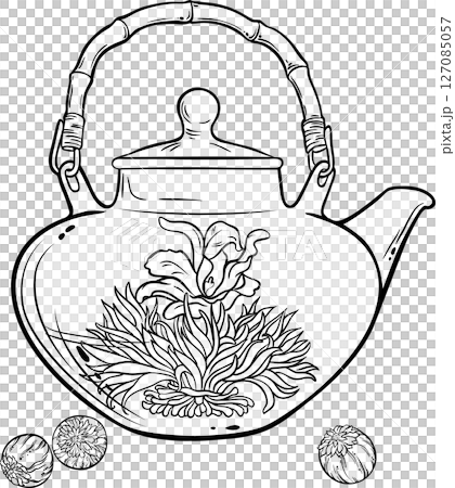 Flowering Tea isolated Outline Illustration for Design and Decoration for Cafeteria, Posters, Banners, Cards. 127085057