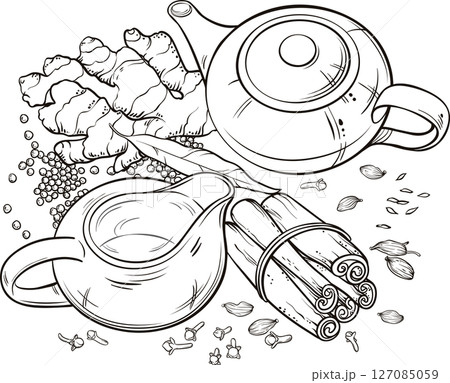 Traditional Indian Masala Tea Outline Illustration 127085059