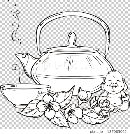 Cup of Jasmine Tea and Teapot isolated for Design and Decoration for Cafeteria, Posters, Banners, Cards. Mug of winter warming hot drink. Aroma beverage Outline Illustration. Cup of Jasmine Tea and Teapot isolated for Design and Decoration for Cafeteria, Posters, Banners, Cards. Mug of winter warming hot drink. Aroma beverage Outline Illustration. 127085062