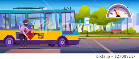 Bus driver fills vehicle with fuel from canister Bus driver fills vehicle with fuel from canister 127085117
