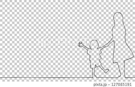 Line drawing illustration of a mother and child holding hands Line drawing illustration of a mother and child holding hands 127085191