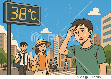気温38度の猛暑にぐったりする男性と街の人々 127085520