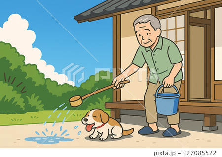 暑い日に打ち水をするおじいさん 127085522