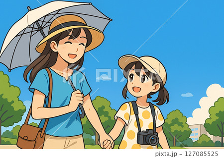 夏の公園を親子で散歩する様子 夏の公園を親子で散歩する様子 127085525