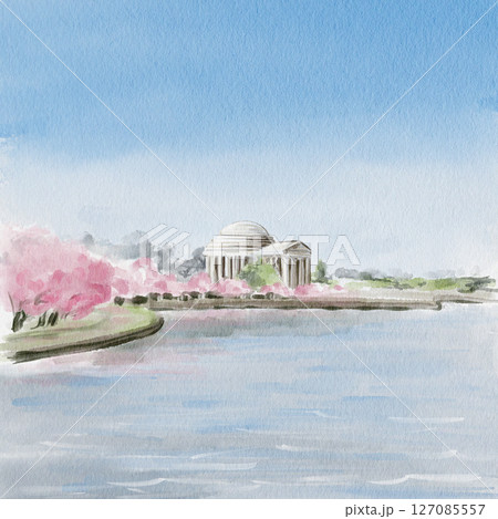 Cherry Blossom Festival in Washington DC. Jefferson Memorial during sakura.Lake with pink trees in the background. Postcard or template background. Watercolor illustration. Hand drawing. Cherry Blossom Festival in Washington DC. Jefferson Memorial during sakura.Lake with pink trees in the background. Postcard or template background. Watercolor illustration. Hand drawing. 127085557